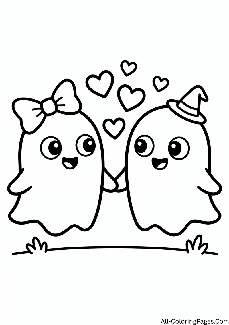 Two ghosts holding hands, one wearing a bow and one wearing a small witch hat, with hearts between them