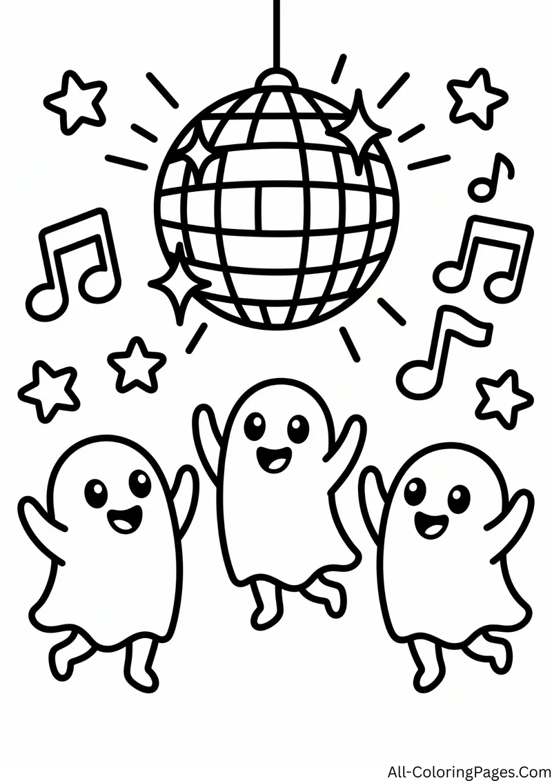 Three dancing ghosts under a disco ball with music notes and stars around them