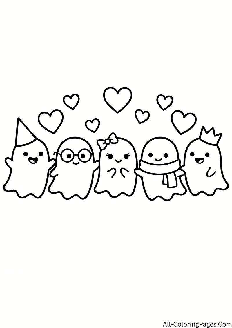 Five small ghosts in a row wearing a party hat, glasses, a bow, a scarf and a crown, with hearts above