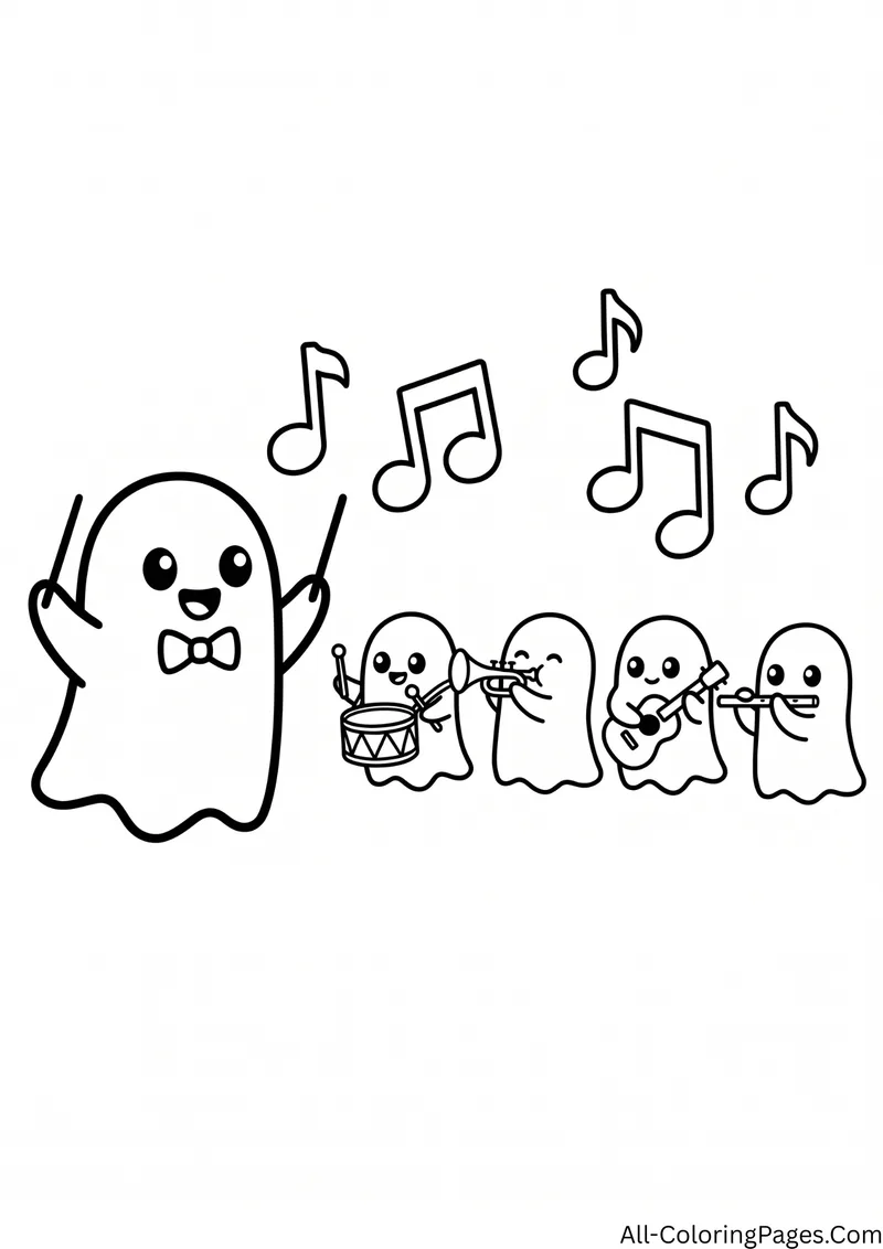 Ghost conductor with a bow tie and a baton leading four small ghosts playing a drum, a trumpet, a guitar and a flute, with music notes