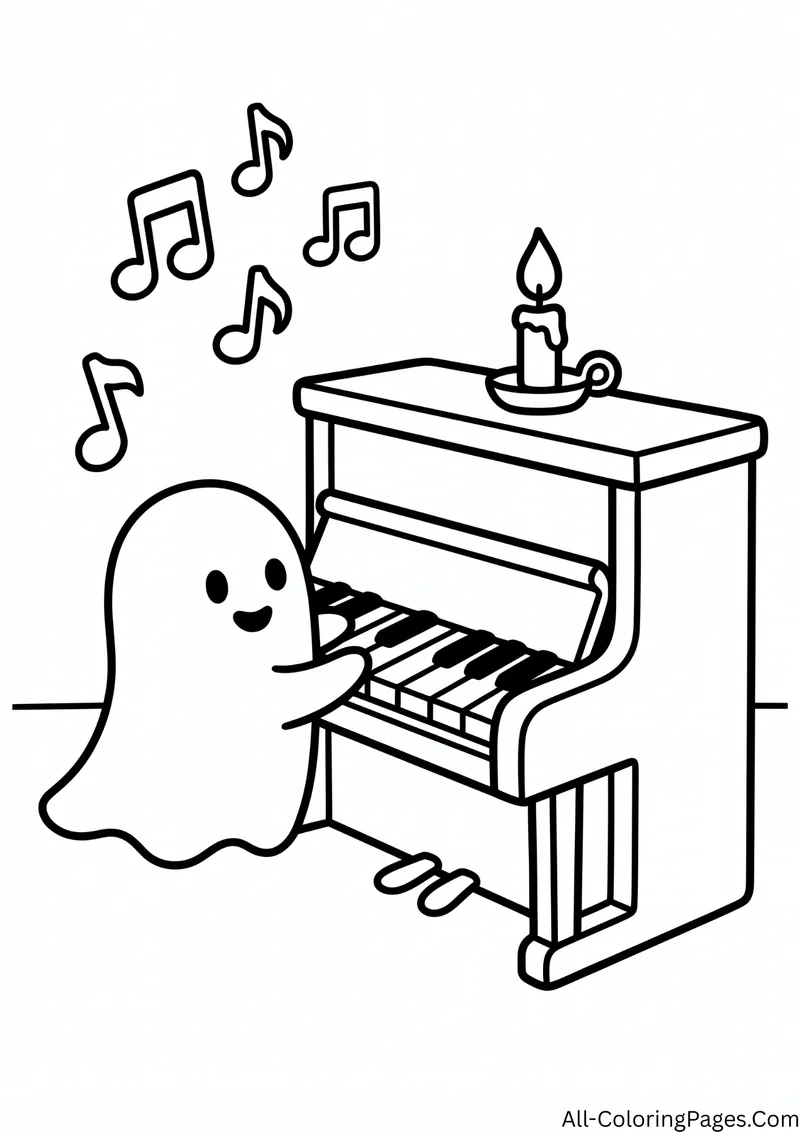 Ghost playing an upright piano with a lit candle on top and music notes floating above