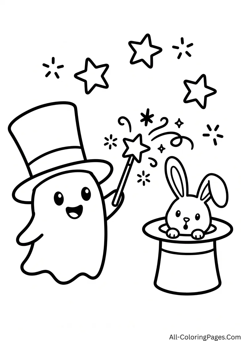 Ghost magician in a top hat waving a star wand while a bunny peeks out of a magic hat, with stars and sparkles