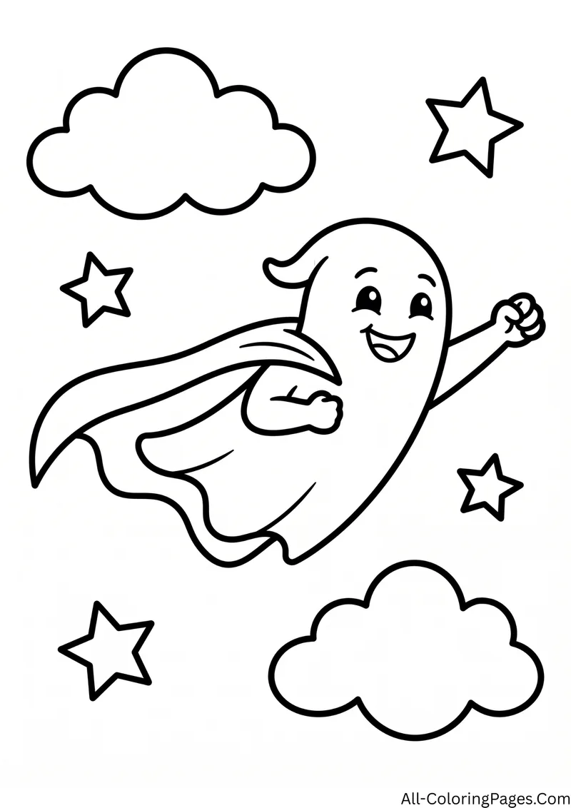 Ghost superhero with a cape flying through the sky with one fist raised, between clouds and stars