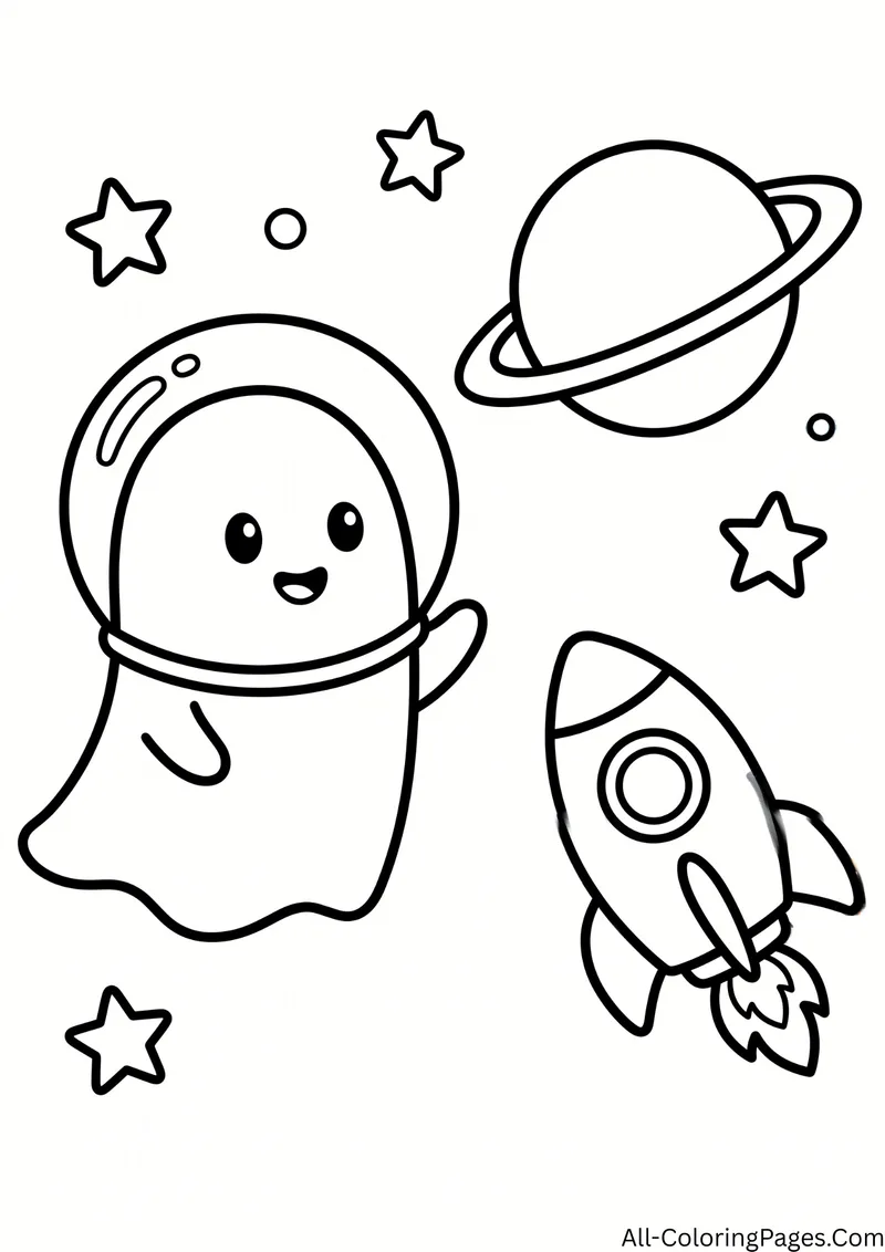 Ghost wearing an astronaut helmet floating in space next to a ringed planet, a rocket and stars