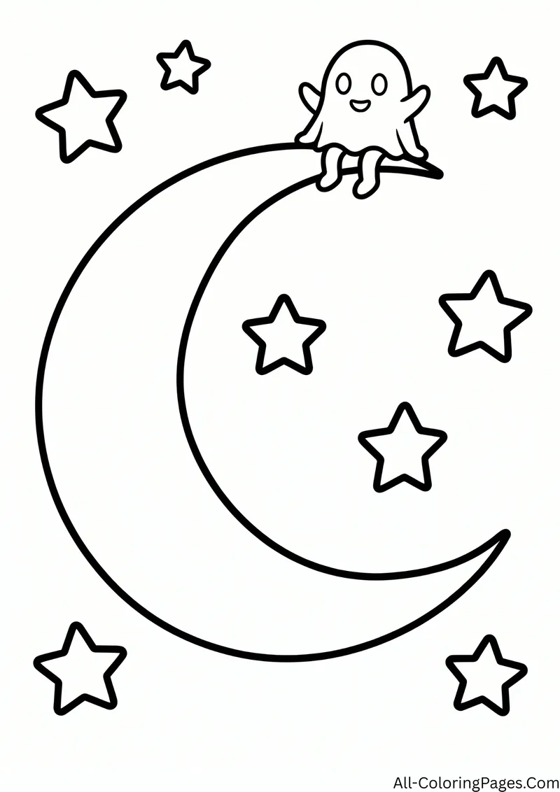 Small ghost sitting on top of a large crescent moon surrounded by stars