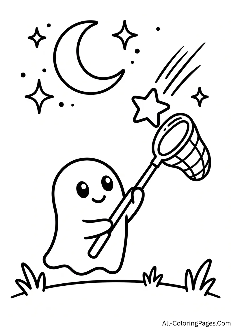 Ghost holding a net to catch a falling star, with a crescent moon and sparkles in the sky