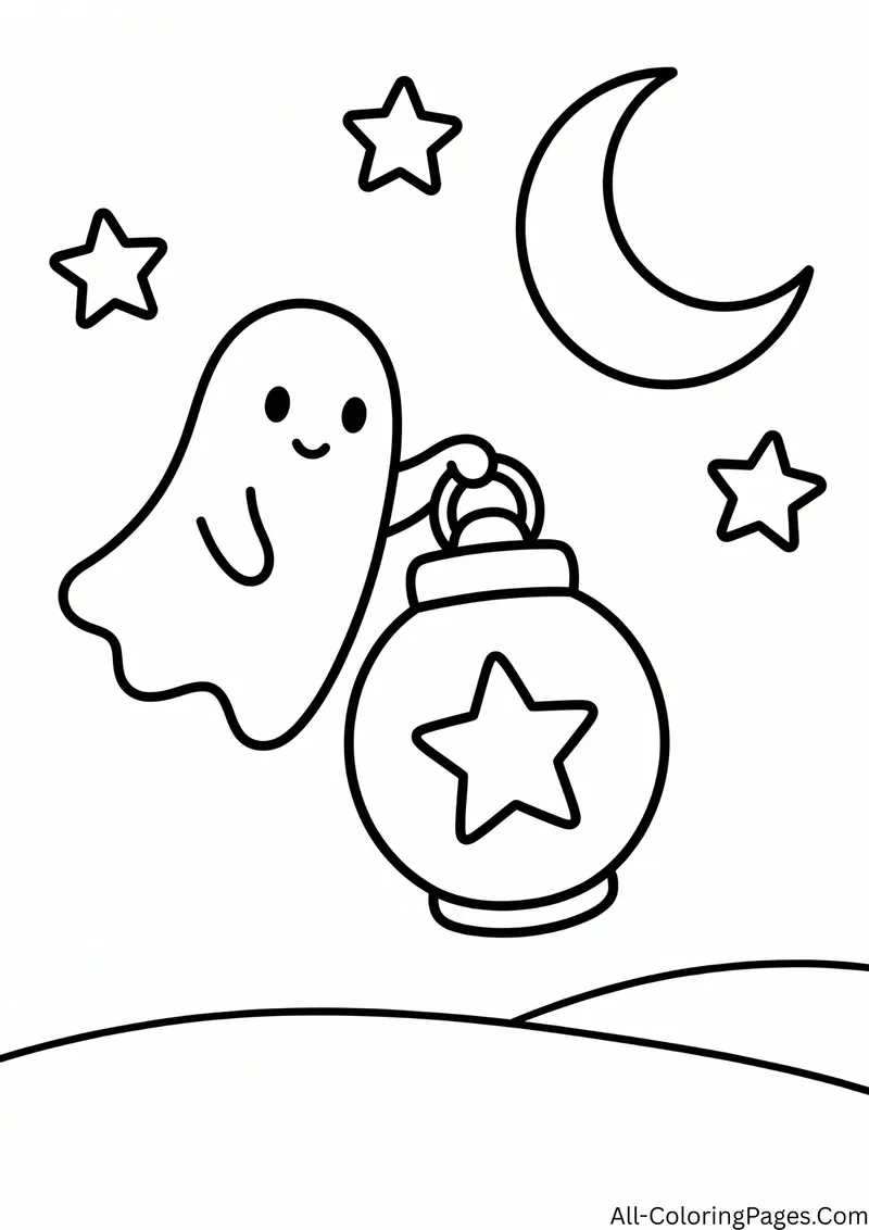 Ghost carrying a round lantern decorated with a star, with a crescent moon and stars