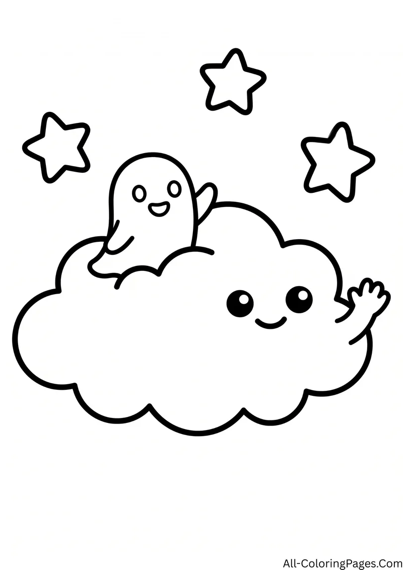 Small ghost sitting on top of a smiling, waving cloud with stars around