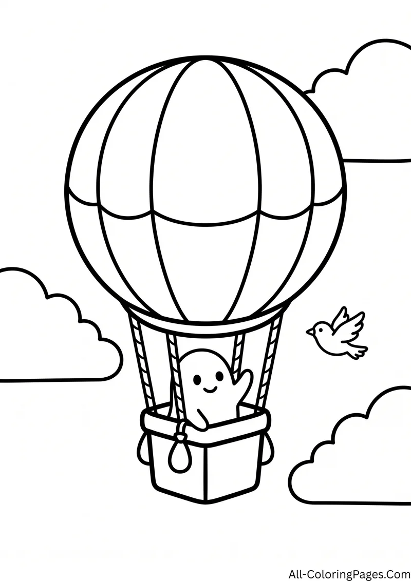 Ghost riding in the basket of a striped hot air balloon, with clouds and a bird