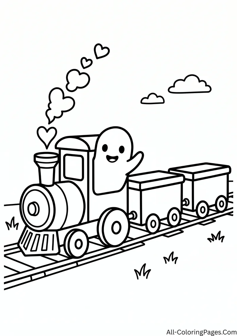 Ghost driving a steam train pulling two cars along a track, with heart shaped smoke and clouds
