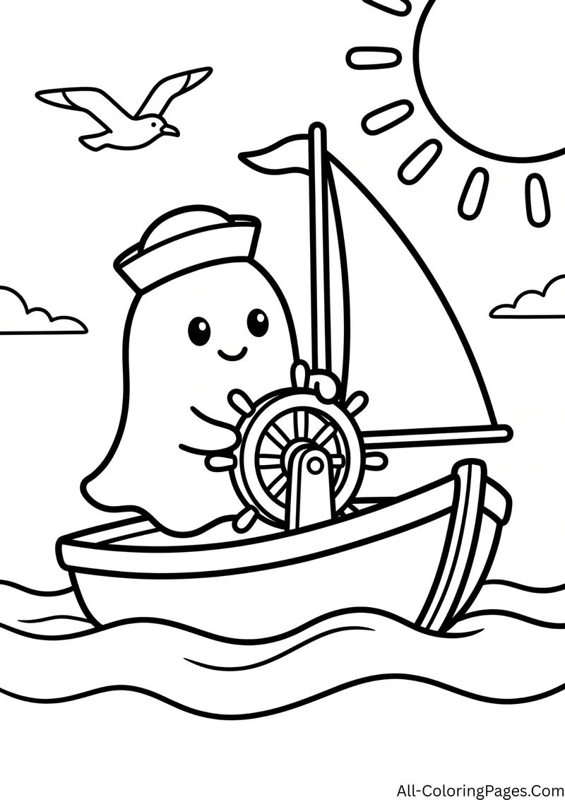 Ghost in a sailor hat steering a sailboat on the waves, with the sun and a seagull in the sky