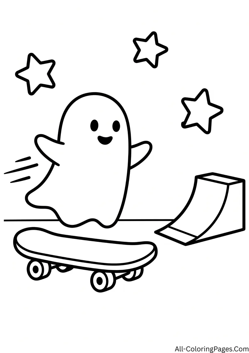 Ghost jumping off a skateboard near a small ramp, with stars around