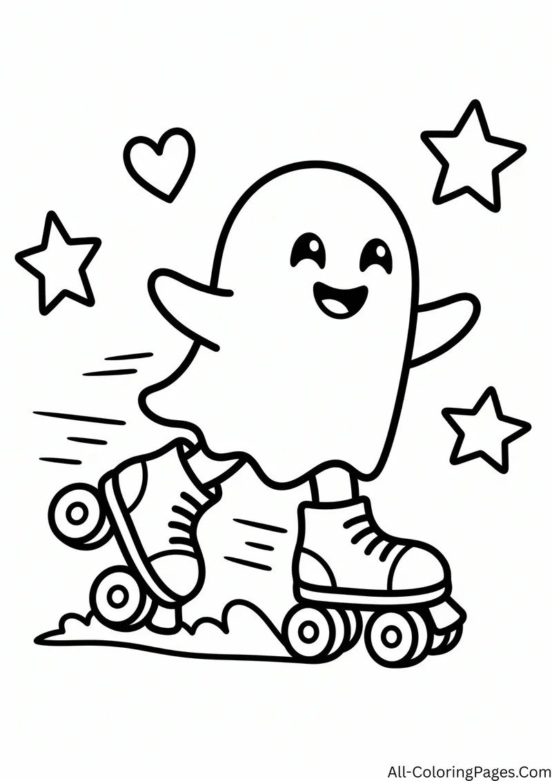Happy ghost wearing roller skates and rolling along, with stars and a heart