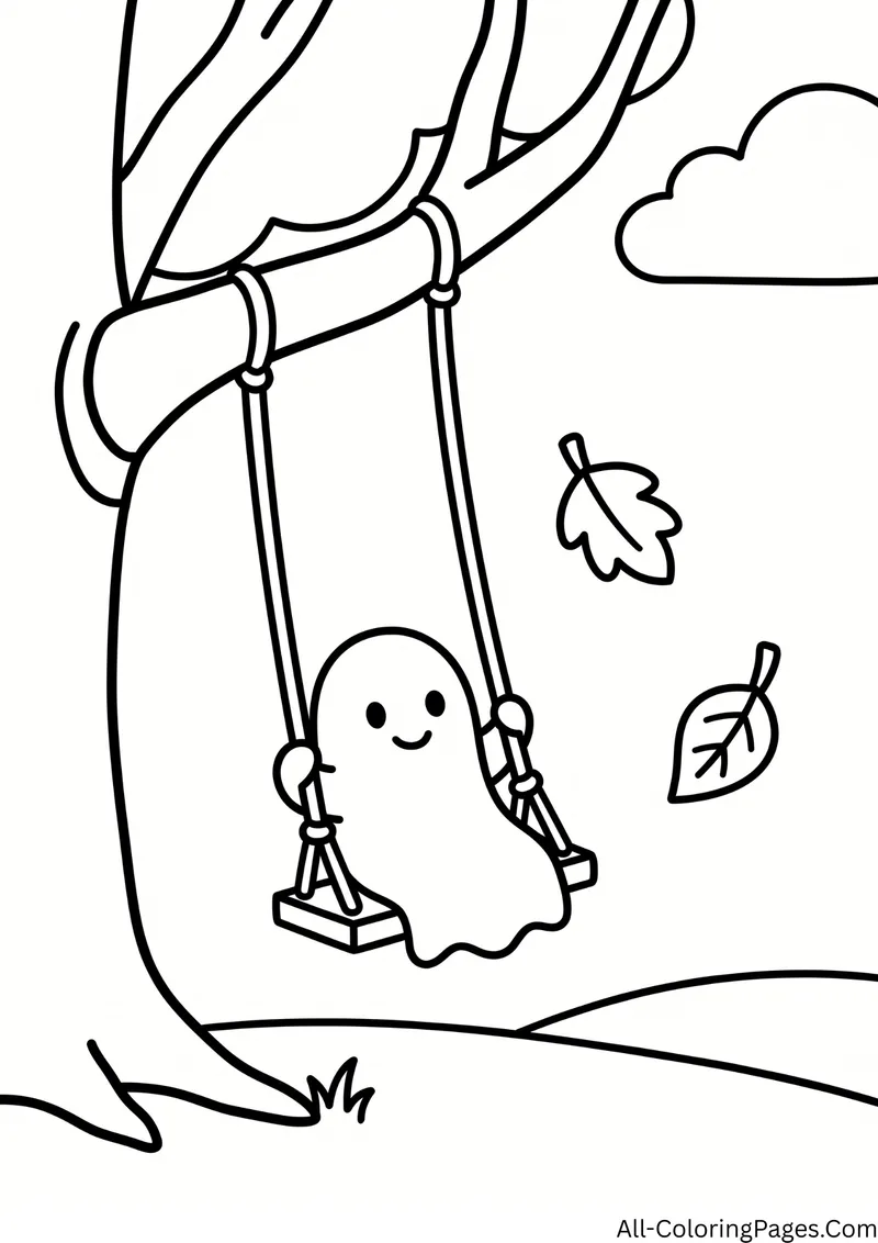 Small ghost on a rope swing hanging from a tree, with falling leaves and a cloud