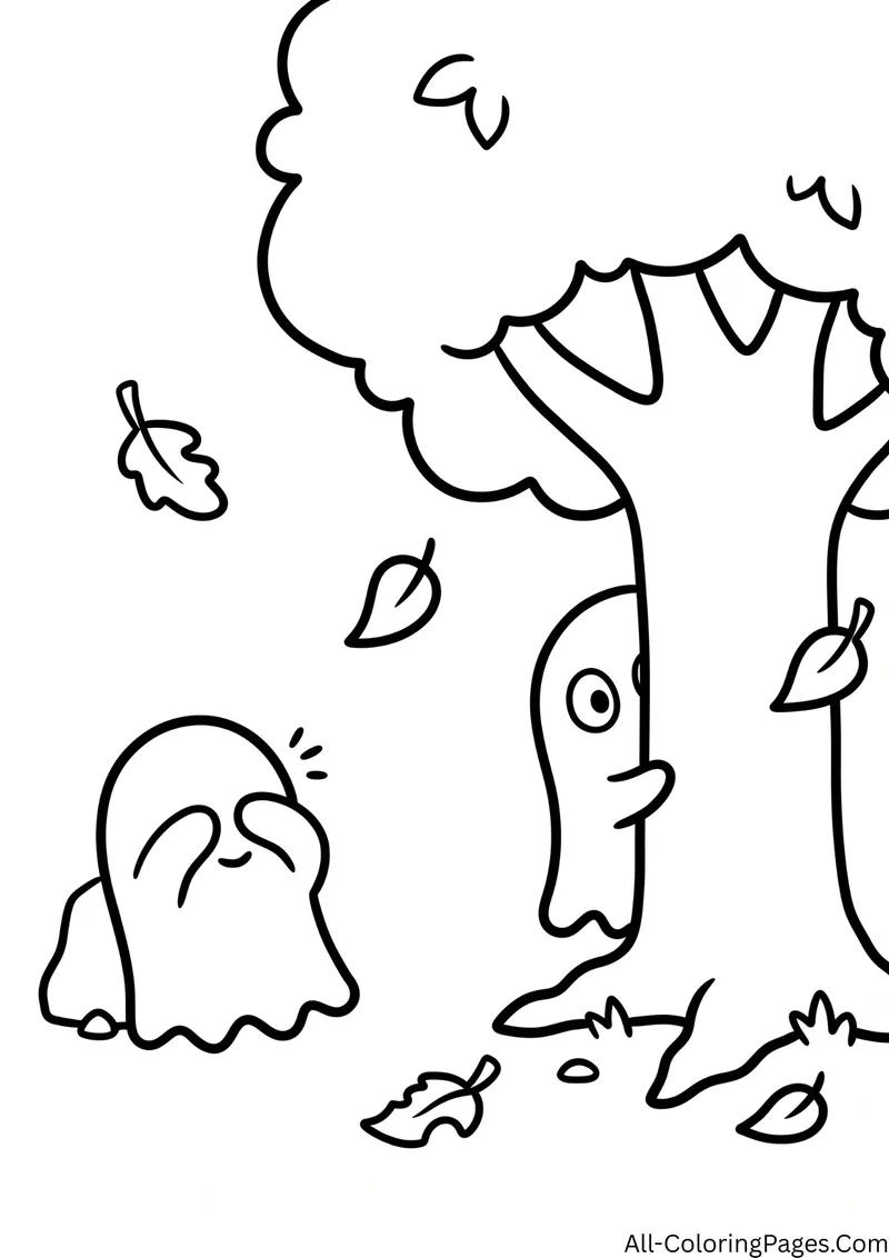 Ghost covering its eyes while another ghost peeks out from behind a tree, with falling leaves