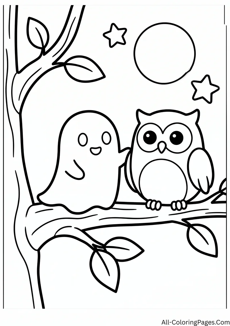 Ghost and an owl sitting together on a tree branch under a full moon, with leaves and stars