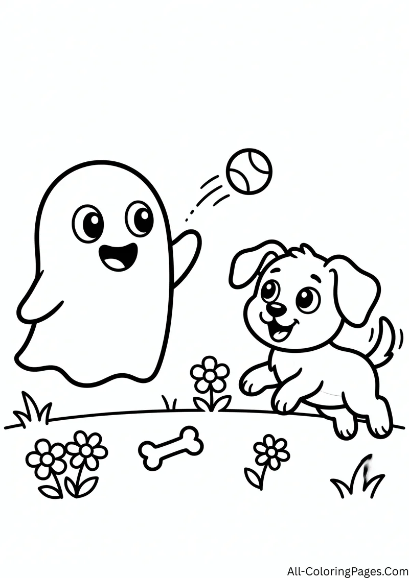 Ghost throwing a ball to a jumping puppy on the grass, with flowers and a bone