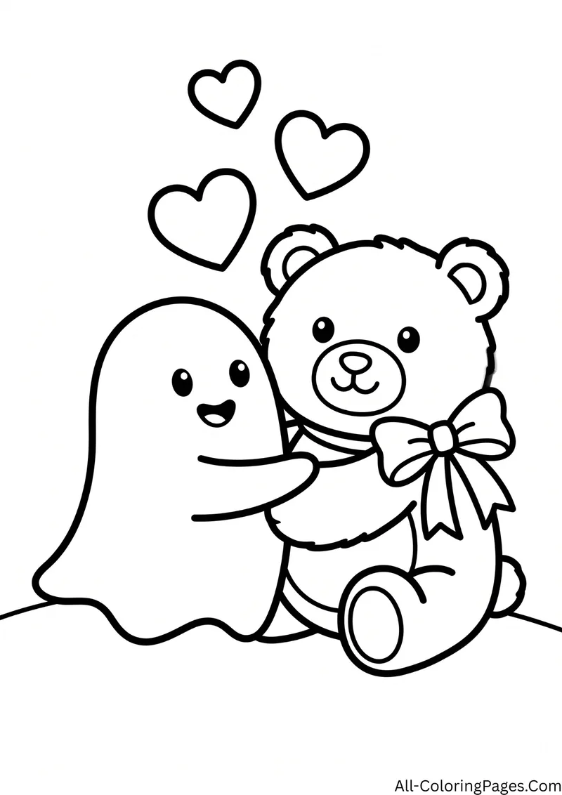 Ghost hugging a teddy bear with a bow around its neck, with hearts above