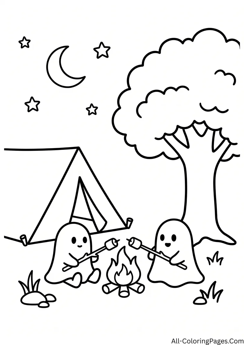 Two ghosts roasting marshmallows over a campfire next to a tent and a tree, under a crescent moon and stars