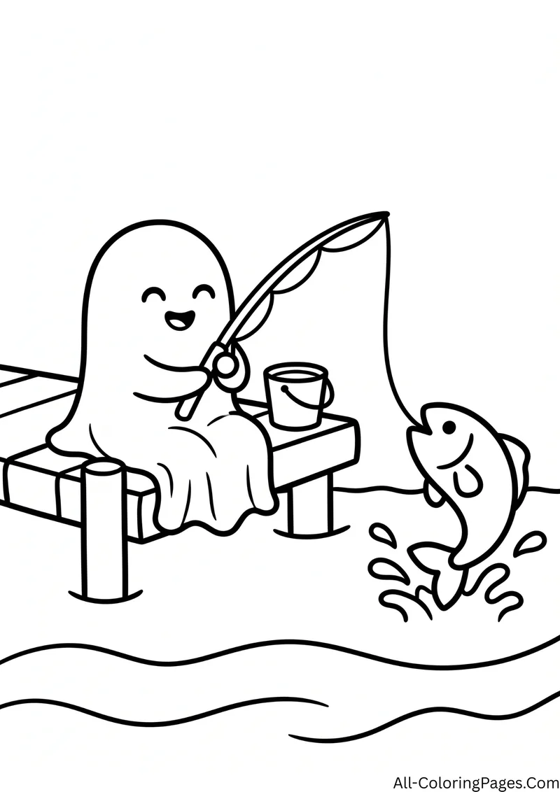 Ghost sitting on a dock with a fishing rod while a fish jumps out of the water, with a bucket nearby