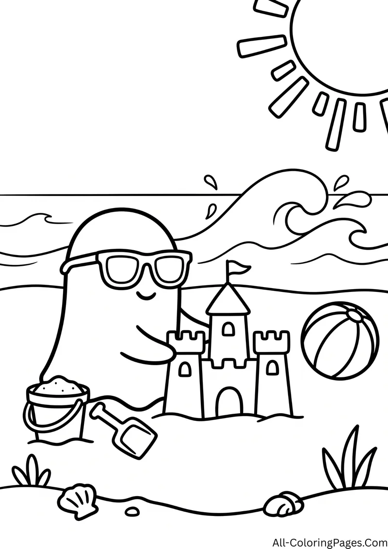 Ghost wearing sunglasses building a sandcastle on the beach, with a beach ball, a bucket, a shovel, waves and the sun