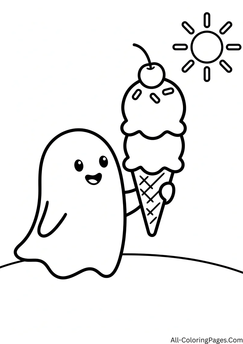 Ghost holding a tall ice cream cone with three scoops and a cherry under a bright sun