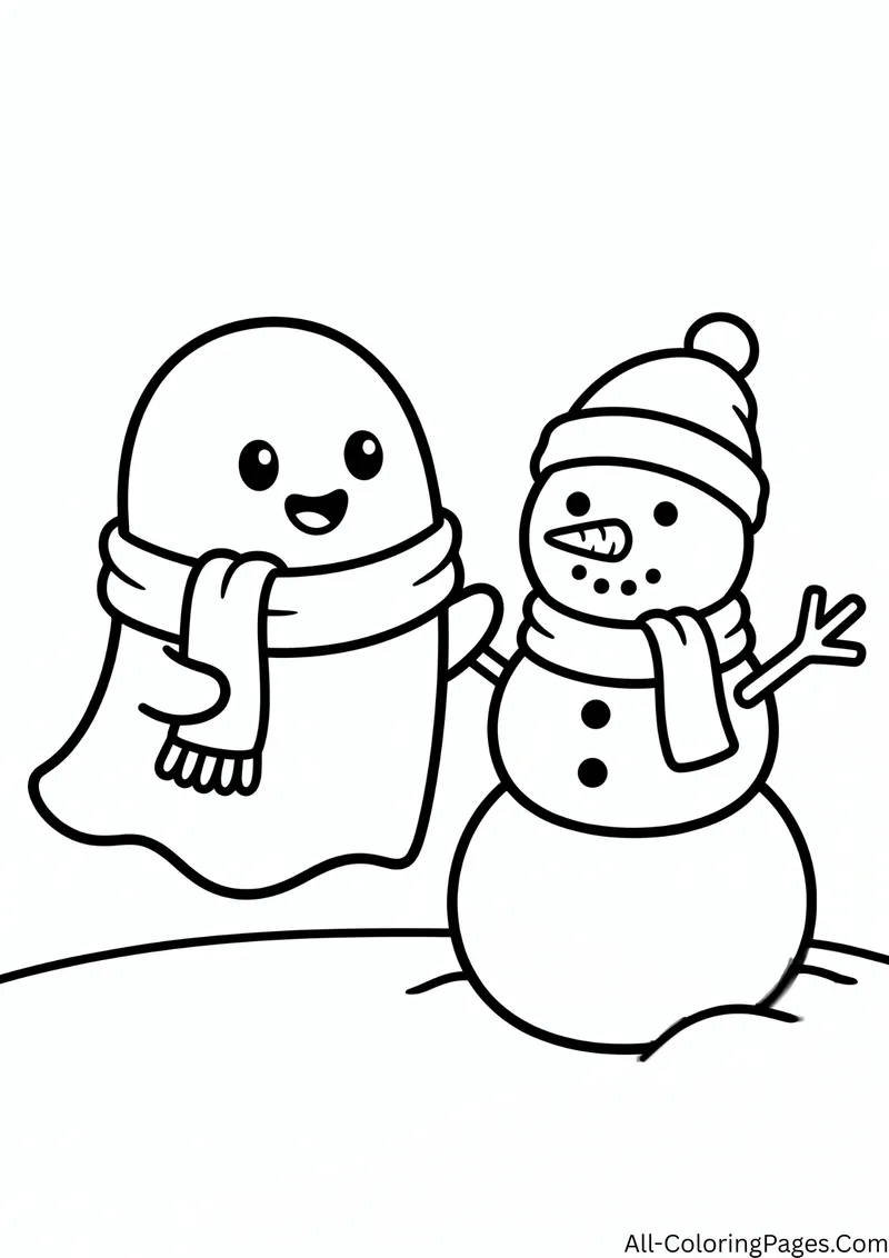 Ghost in a scarf standing beside a snowman with a hat, a scarf and a carrot nose