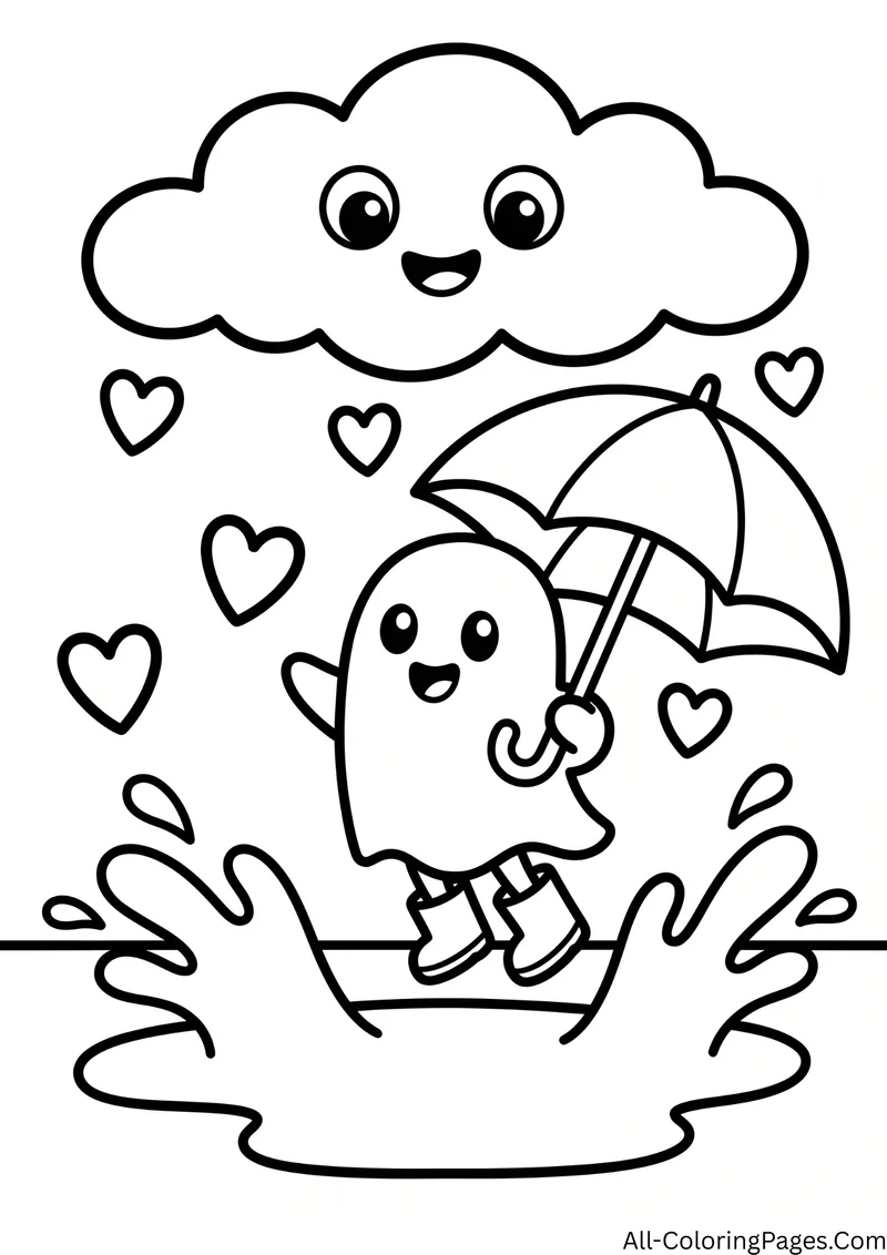 Ghost with an umbrella and rain boots jumping into a puddle under a smiling rain cloud with heart shaped raindrops