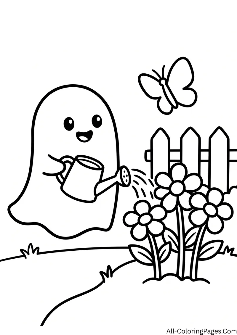 Ghost watering flowers with a watering can next to a wooden fence, with a butterfly
