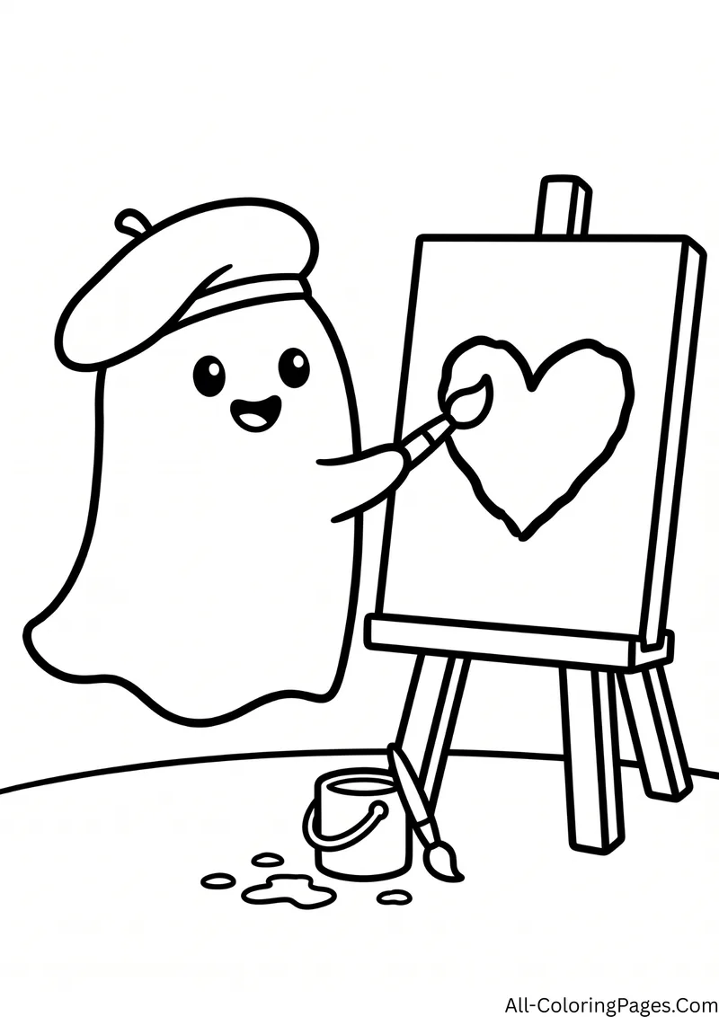 Ghost in a beret painting a heart on a canvas on an easel, with a paint bucket below