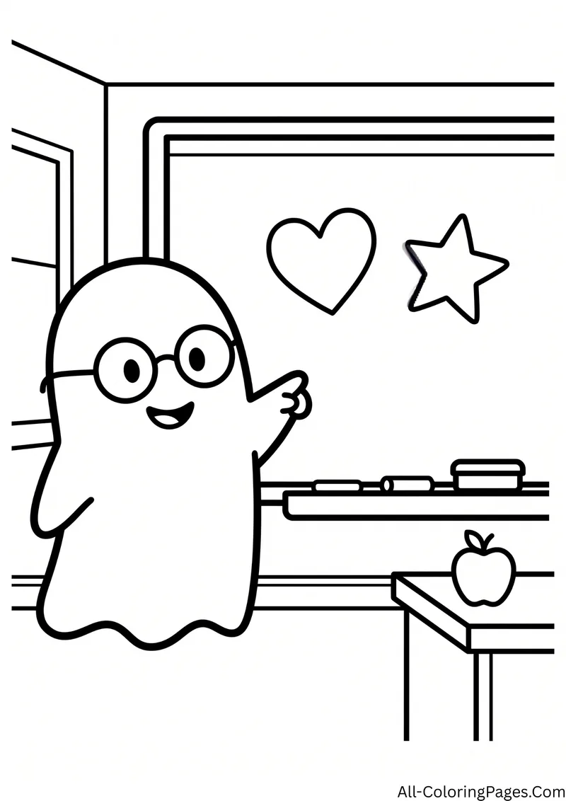 Ghost teacher with glasses pointing at a chalkboard with a heart and a star, with an apple on the desk