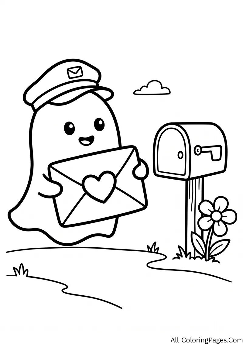Ghost in a mail carrier cap holding a letter with a heart next to a mailbox and a flower