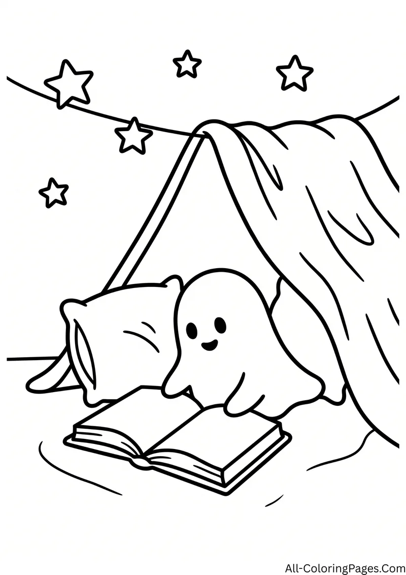 Ghost reading an open book inside a blanket fort with a pillow and hanging stars
