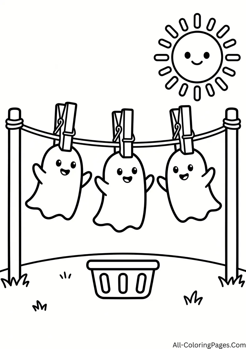 Three small ghosts hanging on a clothesline with clothespins, a laundry basket below and a smiling sun