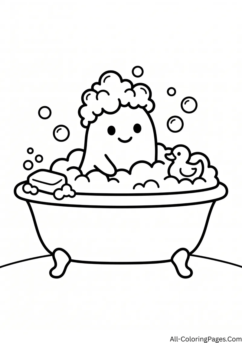 Ghost relaxing in a clawfoot bathtub full of bubbles with a rubber duck and a bar of soap