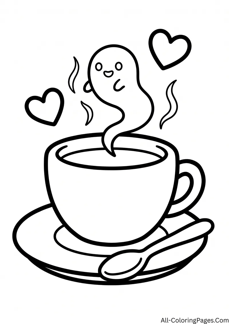Ghost rising out of a steaming teacup on a saucer with a spoon, with hearts on both sides