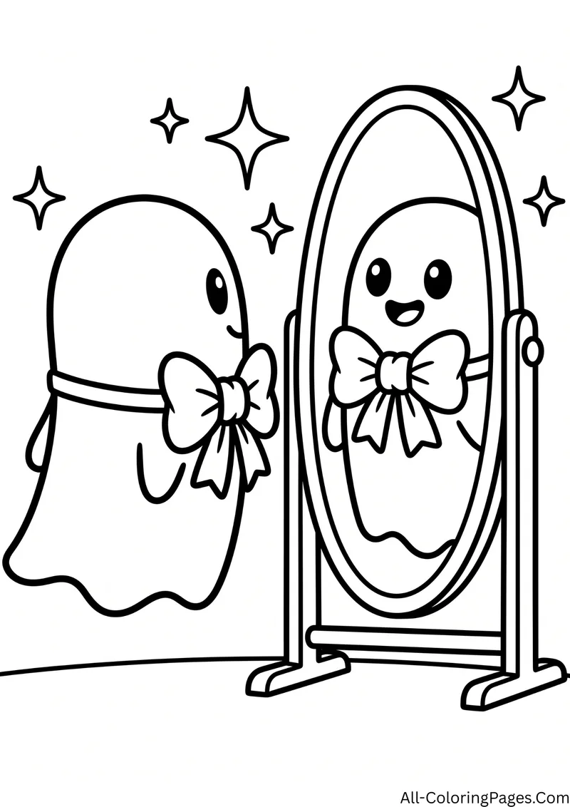 Ghost wearing a bow looking into a tall standing mirror at its smiling reflection, with sparkles around