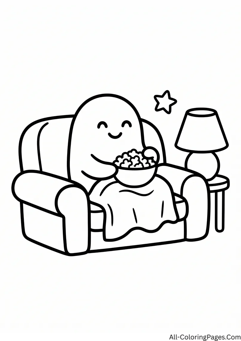 Ghost sitting in an armchair under a blanket holding a bowl of popcorn, next to a lamp on a side table
