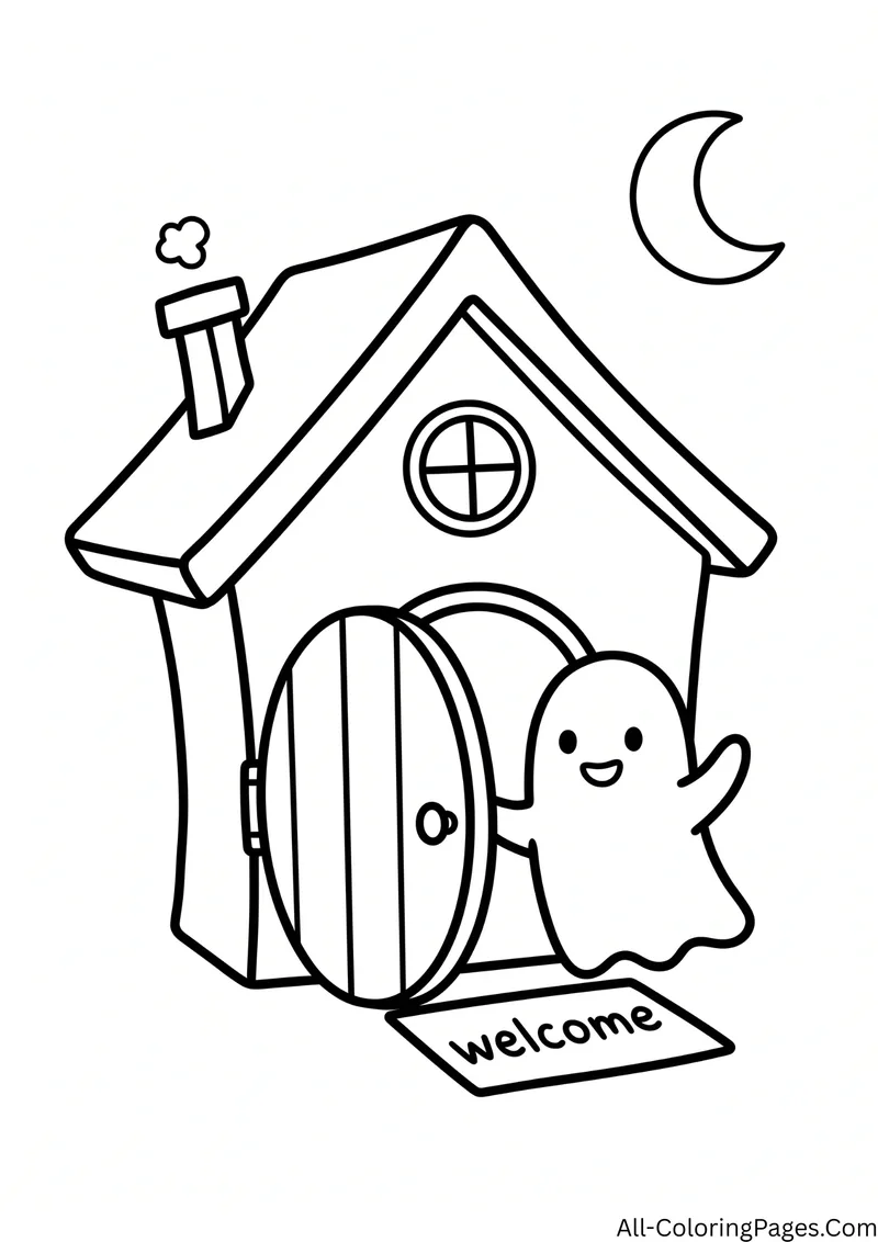 Ghost waving at the open round door of a small house with a chimney, a round window and a welcome mat, under a crescent moon