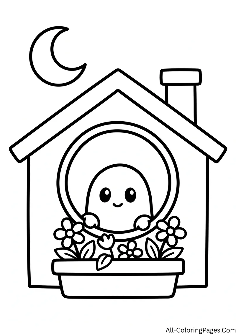 Ghost looking out of a round window of a small house with a flower box, under a crescent moon