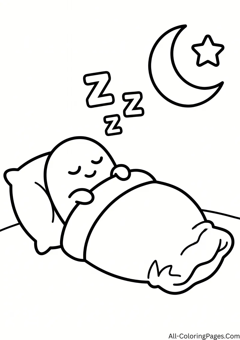 Ghost sleeping in a sleeping bag with a pillow, with a crescent moon, a star and the letters Z