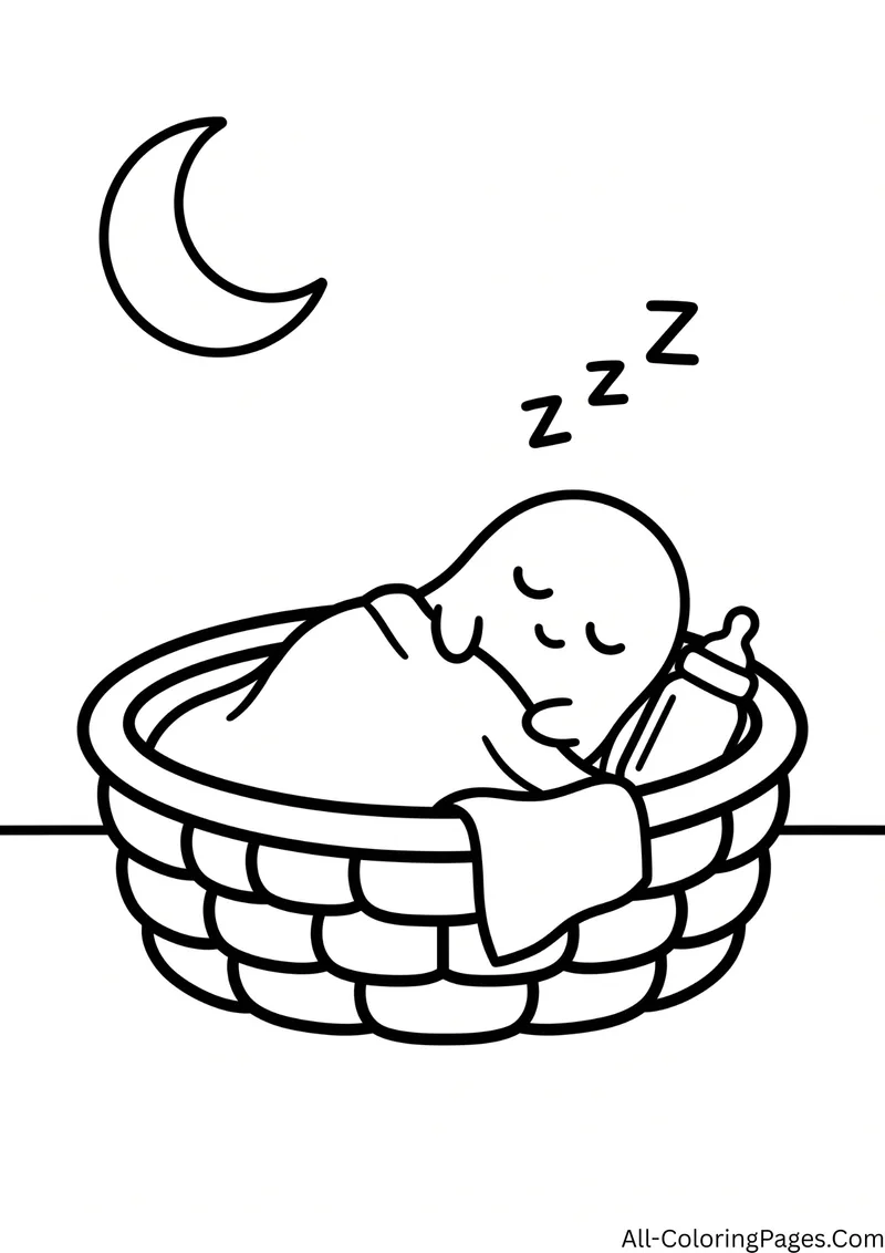 Baby ghost sleeping in a woven basket with a blanket and a bottle, under a crescent moon with the letters Z