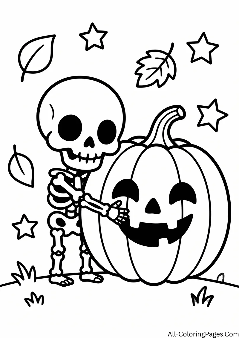 Smiling skeleton standing beside a large carved jack o lantern, with autumn leaves and stars