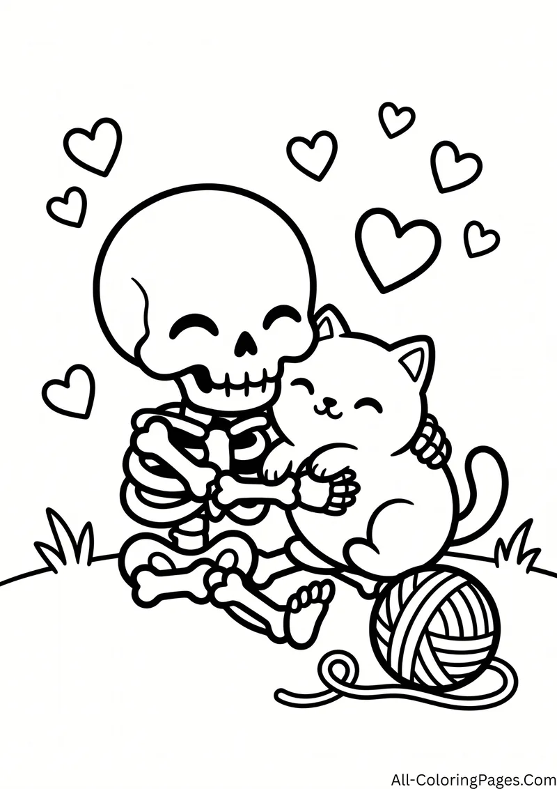 Skeleton hugging a smiling cat next to a ball of yarn, with hearts floating above