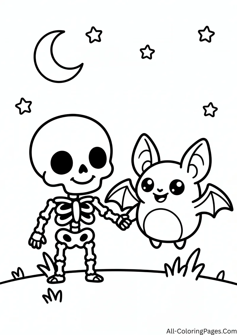 Skeleton holding hands with a cute round bat under a crescent moon and stars