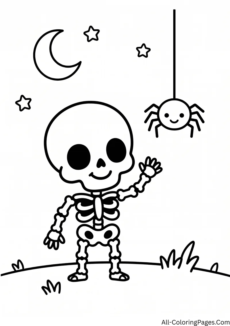 Skeleton waving at a small smiling spider hanging from a thread, with a crescent moon and stars