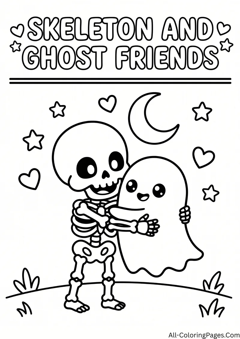 Skeleton hugging a friendly ghost under a crescent moon, with the title Skeleton and Ghost Friends at the top