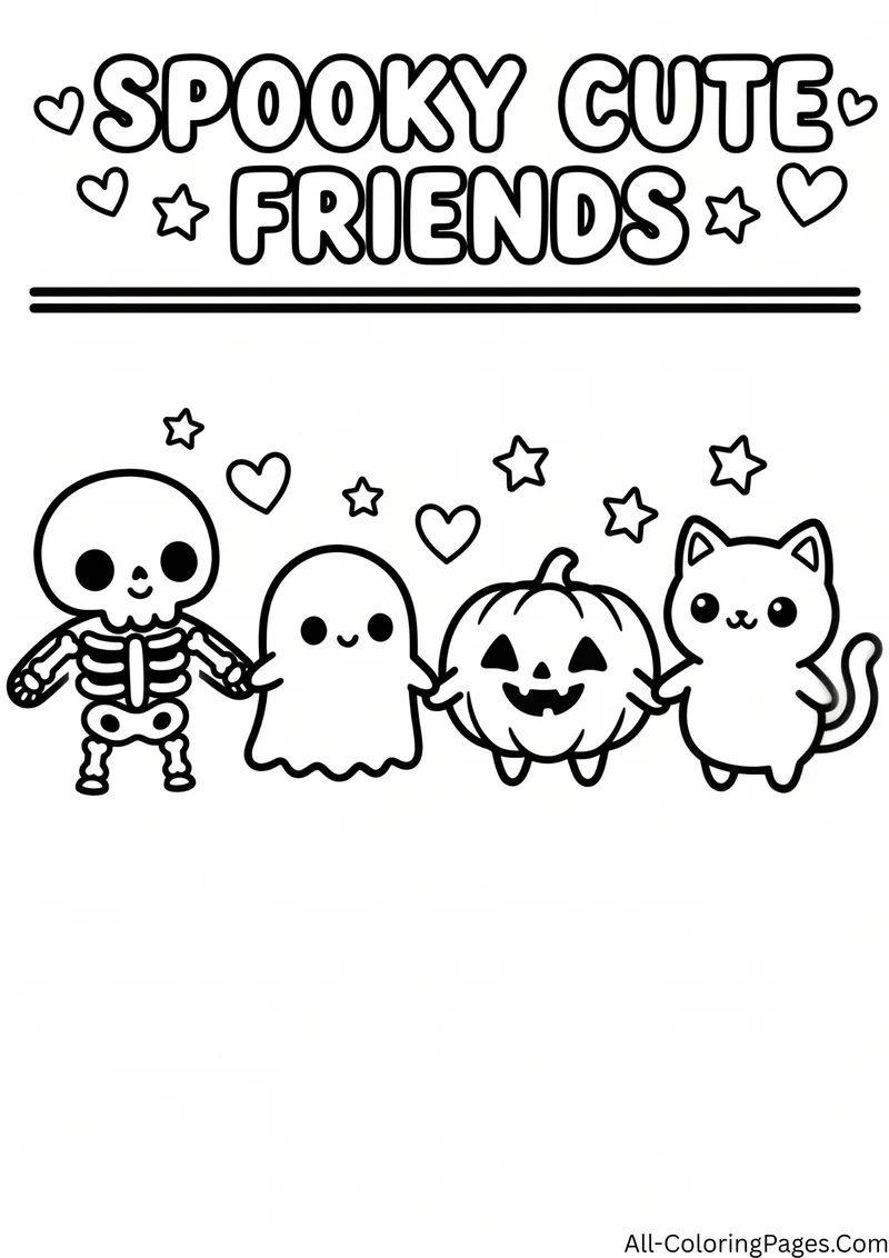 Skeleton, ghost, jack o lantern and cat holding hands in a row, with the title Spooky Cute Friends above