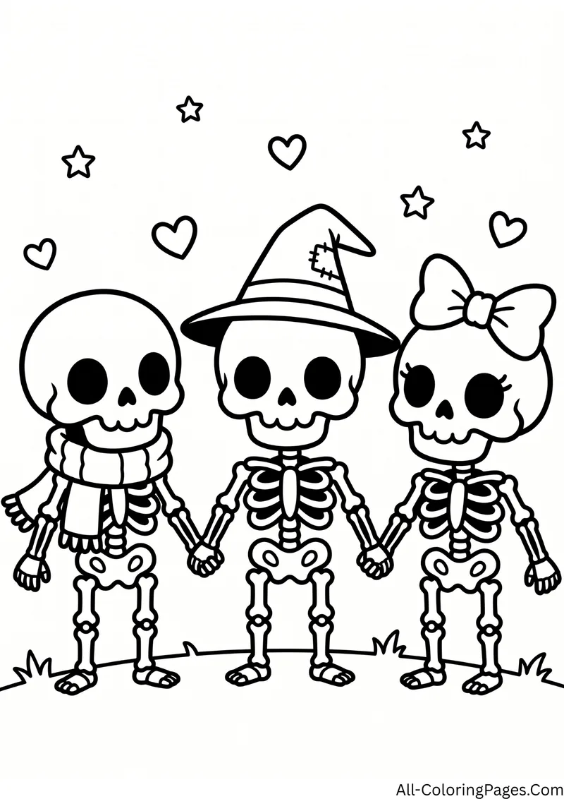Three skeletons holding hands, one in a scarf, one in a witch hat and one with a bow, with hearts and stars
