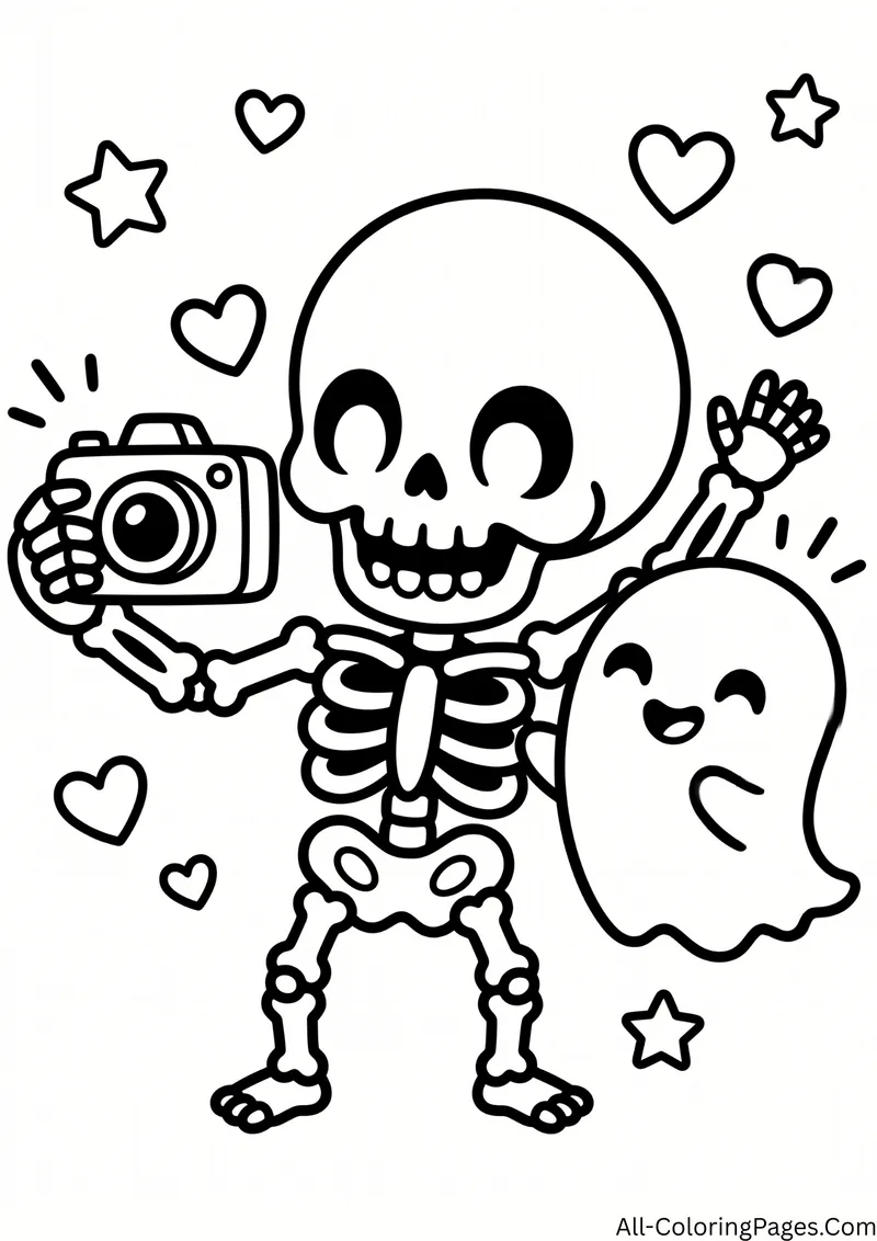 Skeleton holding a camera to take a selfie with a smiling ghost, with hearts and stars